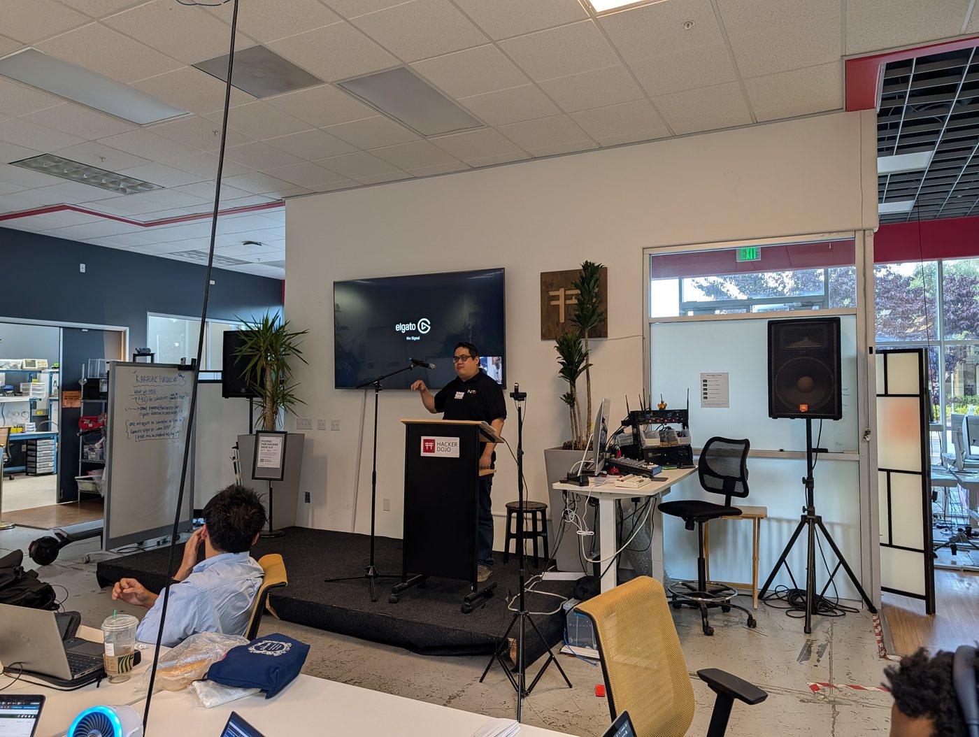 An audience speaker sharing a pitch during the StartupA2Z event at Hacker Dojo