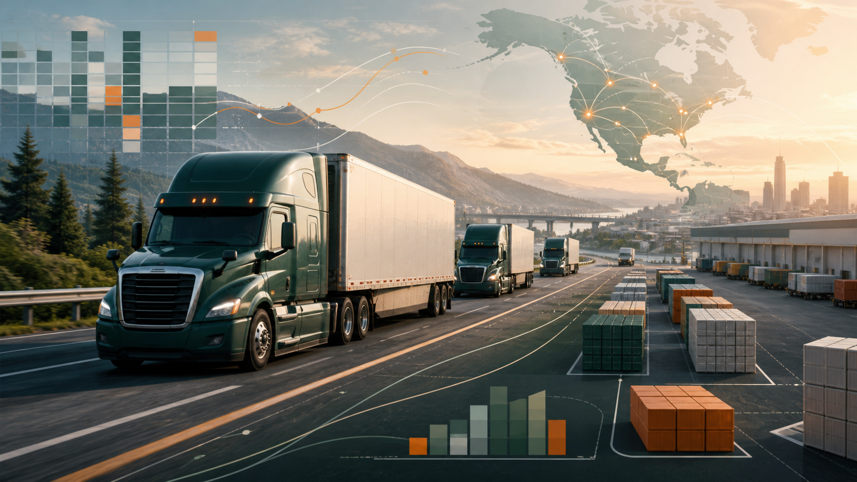 Semi-truck fleet with freight-capacity, route, and pricing data visualizations