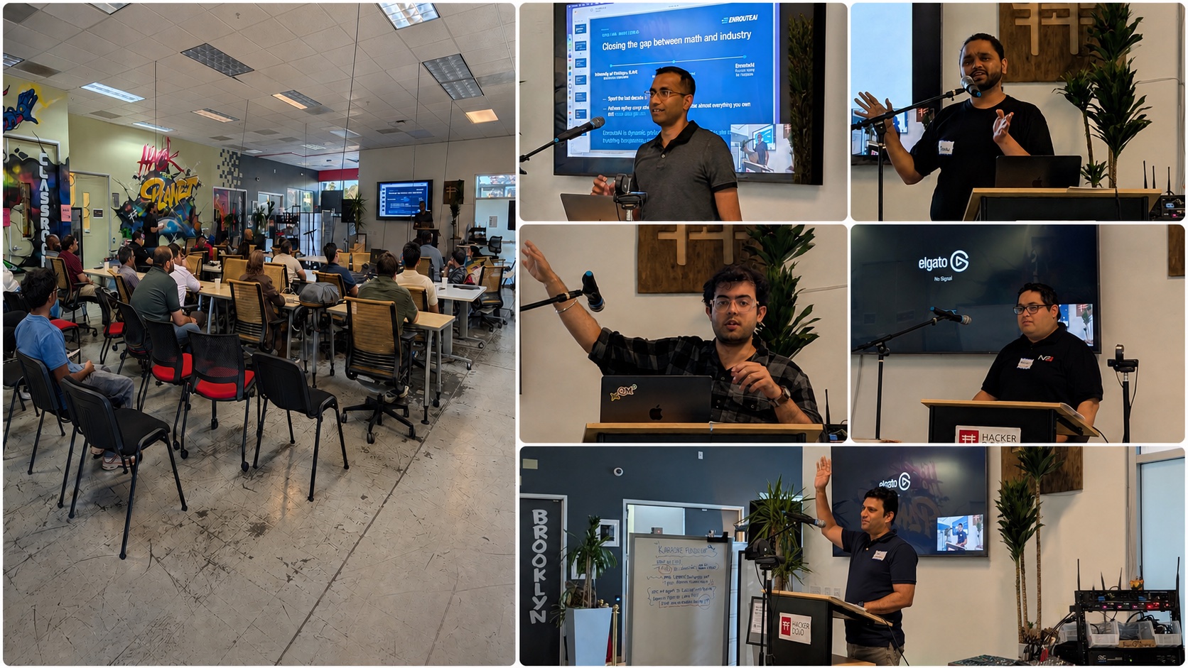 Collage of the StartupA2Z founder presentations and audience pitches at Hacker Dojo on August 25, 2026