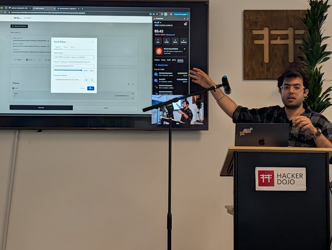 Ridham Bhagat demonstrating a Quip Network quantum-resistant smart-contract wallet at Hacker Dojo