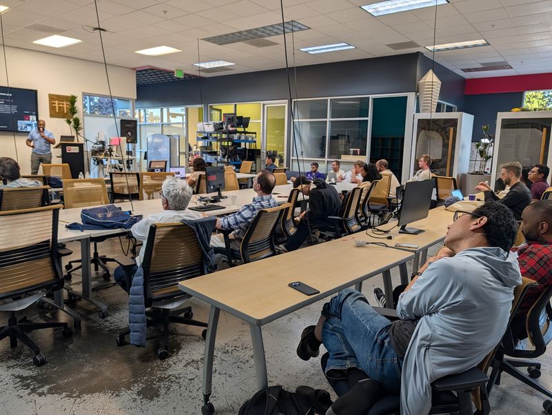 A wide view of the September 22 audience and speaker at Hacker Dojo